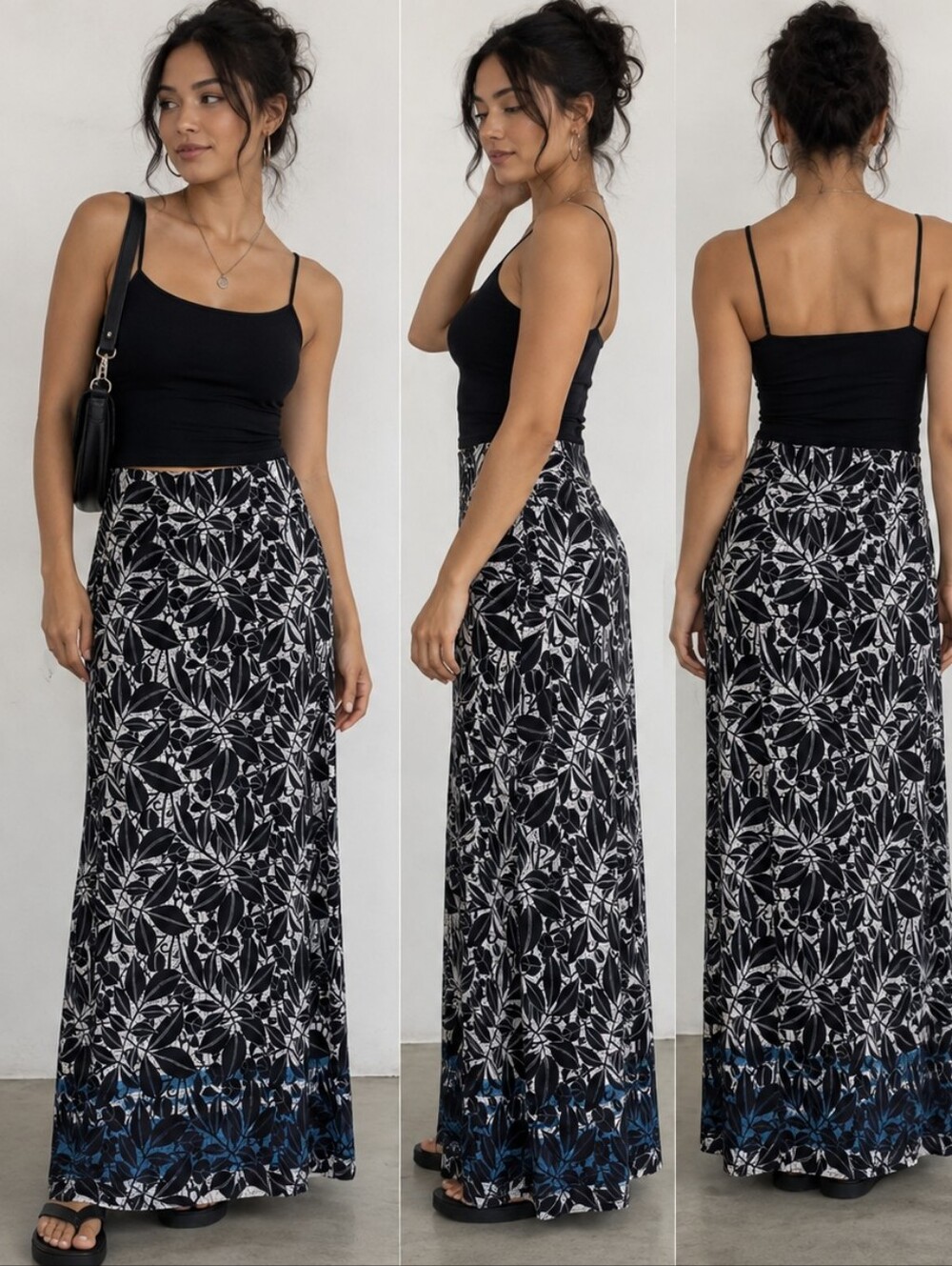 Max Studio Black and Blue Botanical Maxi Skirt